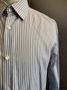 Mens, Casual Shirt, Boss, Gray, Lt Gray, White, Cotton, Polyester, Stripes - Vertical , 34-35, 16.5, L/S, Button Front, C.A.,