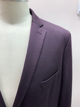 Mens, Sportcoat/Blazer, MICHAEL KORS, Aubergine Purple, Polyester, Rayon, Solid, 52R, Single Breasted, 2 Buttons, 3 Pockets, Notched Lapel, Double Vent