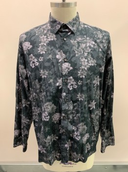 Mens, Casual Shirt, TED BAKER, Black, Dove Gray, White, Cotton, Floral, Chevron, S36, N18, L/S, Button Front, Button Down Collar,
