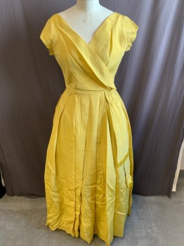 EMMA DOMB, Mustard Yellow, Synthetic, V-neck, Cap Sleeve, A-Line, Pleated Skirt, Attached Sash with Fringe at Waist, Zip Back, Floor Length