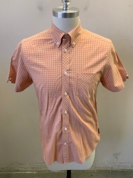 BEN SHERMAN, Orange, Beige, Cotton, Plaid, Short Sleeves, Button Front, 7 Buttons, Button Down Collar, Chest Pocket, Back Box Pleat, Locker Loop, Small Leather Label on Side Seam