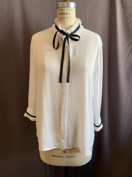 ZARA BASIC, White, Polyester, Solid, Stand Accordion Pleat Collar, Button Front, L/S, Thin Black Neck Tie Attached