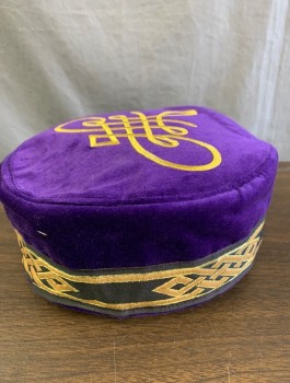 Womens, Historical Fiction Piece 2, SOFI'S STITCHES, Purple, Cotton, Solid, Pillbox Shape, Gold Embroidered Celtic Symbol at Crown, Gold and Black Trim,