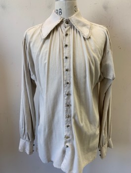 N/L MTO, Ecru, Linen, Solid, Long Puffy Sleeves, Button Front, Oversized Collar Attached, Crochet Lace Trim at Collar/Cuffs, Gold Buttons, Made To Order