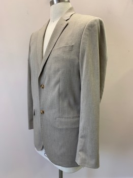 PERRY ELLIS, Beige, Wool, Solid, 2 Buttons, Single Breasted, Notched Lapel, 3 Pockets,