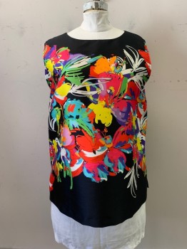 Womens, Top, CAROLINE ROSE, Black, Red, Multi-color, Polyester, Floral, 1X, Round Neck, Slvls, Zip Back, Abstract Flowers in Pink, Green, Yellow, Purple, White, Blue