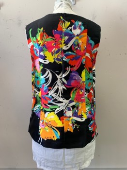 CAROLINE ROSE, Black, Red, Multi-color, Polyester, Floral, Round Neck, Slvls, Zip Back, Abstract Flowers in Pink, Green, Yellow, Purple, White, Blue