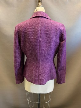 Womens, Blazer, KASPER, Purple, Black, Polyester, 2 Color Weave, Tweed, 4, Notched Lapel., Single Breasted, Button Front, 3 Buttons,  2 Pockets