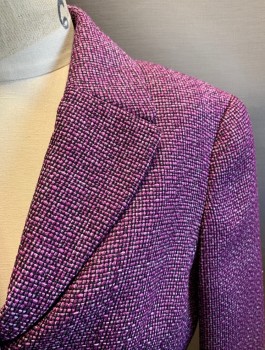 Womens, Blazer, KASPER, Purple, Black, Polyester, 2 Color Weave, Tweed, 4, Notched Lapel., Single Breasted, Button Front, 3 Buttons,  2 Pockets