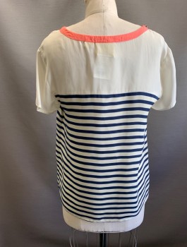MAEVE, Off White, Navy Blue, Salmon Pink, Polyester, Stripes - Horizontal , S/S, Pullover, Solid Shoulders, Salmon Scoop Neck With Rhinestones