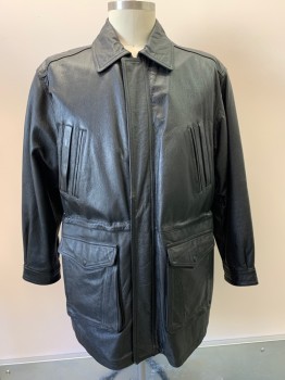 Mens, Leather Jacket, WILDA, Black, Leather, Solid, L, L/S, Zip Front With Snap Button, Collar Attached, 6 Pockets
