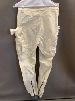 Mens, Sci-Fi/Fantasy Pants, MTO, Bone White, Cotton, Solid, 32, Zip Fly, Belt Loops, Stretchy Cuffs Attached To Pckts, Dark Gray Elastic Cuffs, Zippers On Sides Of Legs, Light Blue Dotted Pattern *Sides Of Pckts Are Coming Undone*