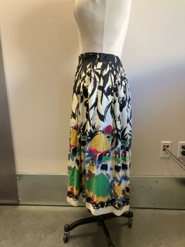Womens, Skirt, N/L, W:30, Black & White Tropical Floral with Multicolor Native Dancers/drummers And Huts, Waistband, Inverted Box Pleats, Back Zip, Some Light Brown Stains CF And Hem