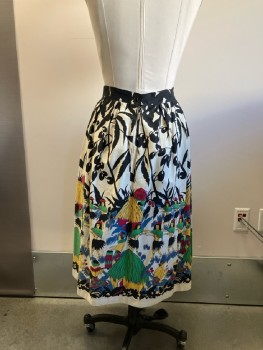 Womens, Skirt, N/L, W:30, Black & White Tropical Floral with Multicolor Native Dancers/drummers And Huts, Waistband, Inverted Box Pleats, Back Zip, Some Light Brown Stains CF And Hem