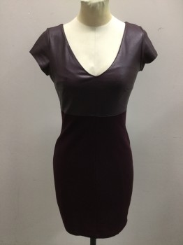 Womens, Cocktail Dress, BAILEY 44, Maroon Red, Rayon, Nylon, Color Blocking, Small, Pullover, V-neck, Short Sleeves, Bust Front and Sleeves Pleather, Body Knit,