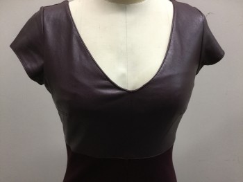 Womens, Cocktail Dress, BAILEY 44, Maroon Red, Rayon, Nylon, Color Blocking, Small, Pullover, V-neck, Short Sleeves, Bust Front and Sleeves Pleather, Body Knit,