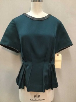 Womens, Top, Phillip Lim, Teal Blue, Black, Acetate, Polyester, Solid, S, Teal Blue, Black Faux Leather Trim, Crew Neck, Short Sleeve,  Pleated Bottom