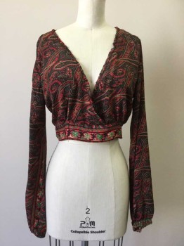 KARMA HIGHWAY, Black, Red, Green, Beige, Viscose, Paisley/Swirls, Multi Color Paisley Print, Cropped, V-neck with Ruffle Trim, Cropped, Self Tie Back with Open Detail