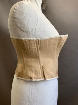 Womens, Corset 1890s-1910s, N/L, Beige, Cotton, Solid, W36, B44, with Cream Trim, and Off White Lacing Back, Coutil Fabric,