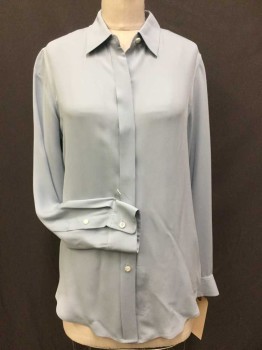 THEORY, Sea Foam Green, Silk, Solid, BLOUSE:  Mute Seafoam Blue, Collar Attached, Hidden Button Front, Long Sleeves,