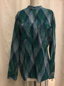 MADEWELL, Navy Blue, Teal Green, Green, Cotton, Ikat, Navy/ Teal Green/ Green Ikat Print, 5 Buttons, Collar Band, 2 Pockets, Long Sleeves,