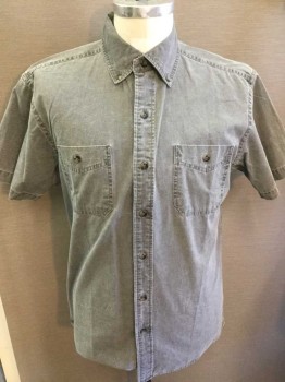 WIND RIVER, Lt Gray, Cotton, Solid, Short Sleeves, Button Front, Collar Attached, 2 Pockets,