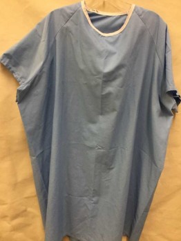 Unisex, Patient Gown, Lt Blue, Cotton, Polyester, Solid, O/S, Short Sleeves, Snaps Up Back, White Trim on Collar