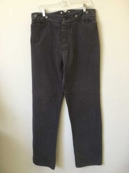 WAH MAKER, Charcoal Gray, Gray, Cotton, Stripes, Working Class Pants, Striped Cotton Twill, Studded Button Fly & Suspender Buttons. 4 Pockets. Adjustable Waist at Center Back. Lightly Faded.