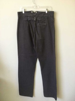 WAH MAKER, Charcoal Gray, Gray, Cotton, Stripes, Working Class Pants, Striped Cotton Twill, Studded Button Fly & Suspender Buttons. 4 Pockets. Adjustable Waist at Center Back. Lightly Faded.