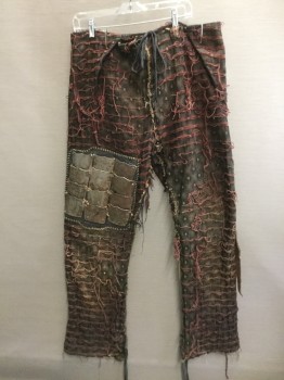 Mens, Sci-Fi/Fantasy Pants, MTO, Black, Yellow, Red Burgundy, Brown, Cotton, Stripes, 33, 36, Twill, Burgundy String Stripes, Velcro Fly, Crossover Panels From Side Hem with String Twill Tape Tie, Belt Loops, Brown Suede Straps at Sides, Metal Overlapping Plates on Right Thigh, Black Leather Straps at Hem