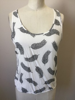 H & M, Off White, Black, Gray, Viscose, Floral, Ooff White with Black, Gray Diamond Leaves, Scoop Neck, 1.25" Straps, Side Over Split & Uneven Hem