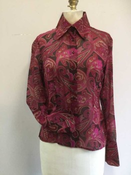 INC, Red Burgundy, Magenta Purple, Red, Tan Brown, Silk, Paisley/Swirls, Button Front, Long Sleeves, Collar Attached, Sheer