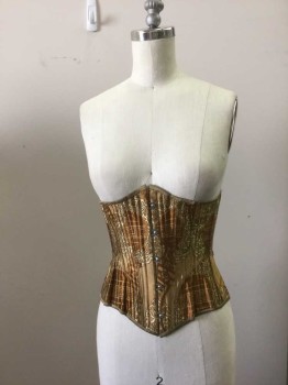 MTO, Amber Yellow, Gold, Silk, Cotton, Novelty Pattern, Chinese Brocade Silk with Ticking Lining. Steel Busk Center Front, Lacing Center Back,