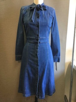 Womens, Dress, Long & 3/4 Sleeve, MADEWELL, Denim Blue, Cotton, Polyester, Solid, 28W, 34B, Stretch Denim, Button Front From Neck to Hem, A-line, Waistband Insert, Long Sleeves with Button Cuffs, Band Collar with Attached Neck Tie