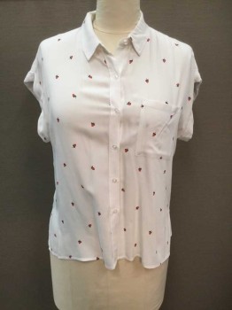 RAILS, White, Red, Green, Rayon, Novelty Pattern, Strawberry Print on White, Button Front, Collar Attached, Capped Cuffed Sleeves, 1 Pocket,