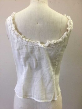 MTO, Cream, Cotton, Solid, Chemise, Button Front, with Floral Eyelet Lacing at Scoop Neck with Ruffled Lace Trim, Darted