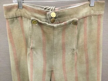 Mens, Historical Fiction Pants, Tan Brown, Red, Cotton, Stripes - Vertical , 34, Fall Front, Aged/Distressed,  Brass Button, Pirate, Sailor, Multiples