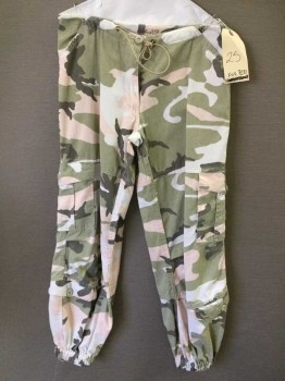 Womens, Pants, Green, Lt Pink, Graphite Gray, White, Cotton, Camouflage, 25, Cargo Style, Drawstring, Elastic Ankle Cuffs