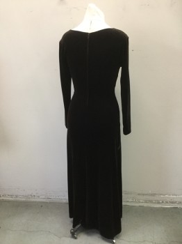 Womens, Evening Gown, TADASHI, Dk Brown, Synthetic, Solid, L, Dark Brown Velour. V. Neck with Satin Sun Burst Pattern at Front with R.stone Fan at Left Waist. Long Sleeves, Zipper Center Back,