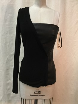 Womens, Top, BCBG, Black, Synthetic, Solid, S, Black, One Sleeve, Half Leather