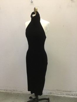 Womens, Evening Gown, ROBERTA, Black, Polyester, Solid, S, Black Velour Halter, Backless, Mid Calf Length