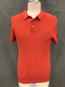 MICHAEL KORS, Rust Orange, Cotton, Solid, Textured Knit, Ribbed Knit Collar Attached, 3 Button Placket, Short Sleeves, Ribbed Knit Cuff/Waistband