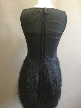 Womens, Cocktail Dress, RACHEL ROY, Black, Synthetic, Solid, 2, Black on Black Zebra Print Top with Mesh Yoke, Slvlss, Scoop Neck, Pleated Skirt with Feathery Thread with Silver Highlight, Zip Back to Hem, Hem Above Knee,