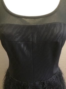 Womens, Cocktail Dress, RACHEL ROY, Black, Synthetic, Solid, 2, Black on Black Zebra Print Top with Mesh Yoke, Slvlss, Scoop Neck, Pleated Skirt with Feathery Thread with Silver Highlight, Zip Back to Hem, Hem Above Knee,