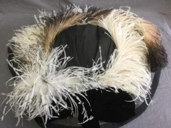 NL, Dk Gray, Black, Cream, White, Caramel Brown, Straw, Feathers, Solid, Gray Straw Base, with Wide Brim, Low Crown Wrapped in Black Silk, Crown Surrounded By Large Cream/White/Caramel/Black Ostrich Feathers, Large Black Velvet Bow, Black Faille 1" Edging,