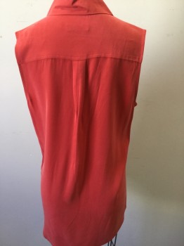 EQUIPMENT, Red, Silk, Solid, Collar Attached, Button Front, Pocket Flap, Sleeveless