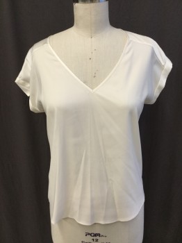 EXPRESS, Cream, Polyester, Solid, V-neck, Cut-off Sleeves with Cuffs, Flair & Uneven Hem