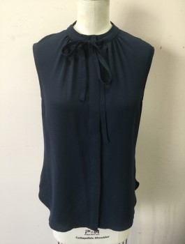 JAKE'S, Navy Blue, Silk, Solid, Chiffon, Sleeveless, Button Front, Band Collar,  Self Ties at Neck, Gathered at Neck