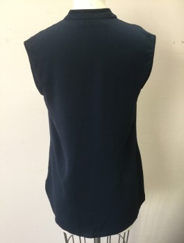 JAKE'S, Navy Blue, Silk, Solid, Chiffon, Sleeveless, Button Front, Band Collar,  Self Ties at Neck, Gathered at Neck