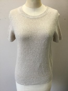 THEORY, Ecru, Linen, Cashmere, Solid, Knit, Short Sleeves, Round Neck